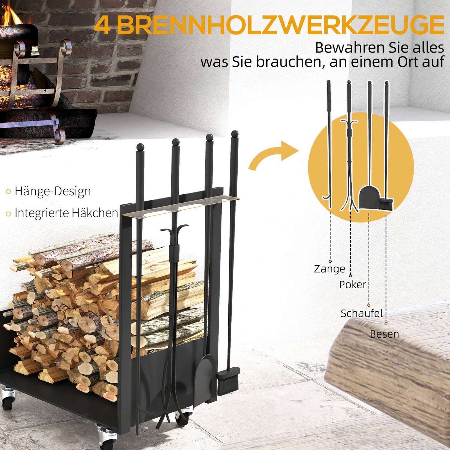 Wood stand in metal with wheels and tools, black, 48x30x76 cm