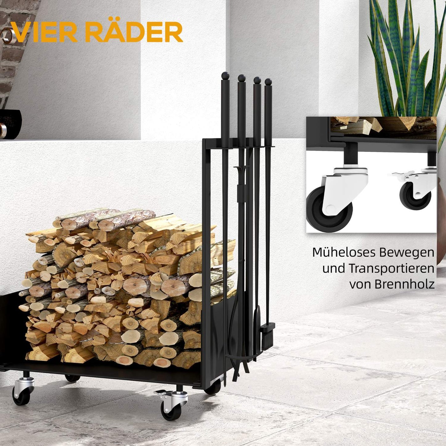 Wood stand in metal with wheels and tools, black, 48x30x76 cm