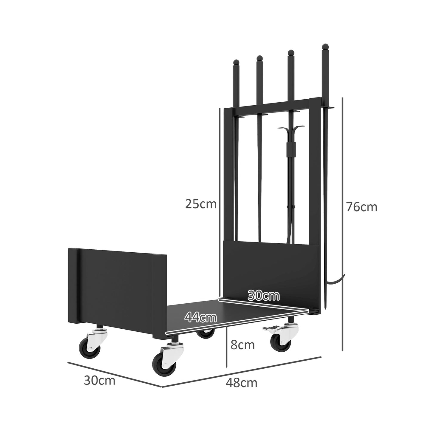 Wood stand in metal with wheels and tools, black, 48x30x76 cm