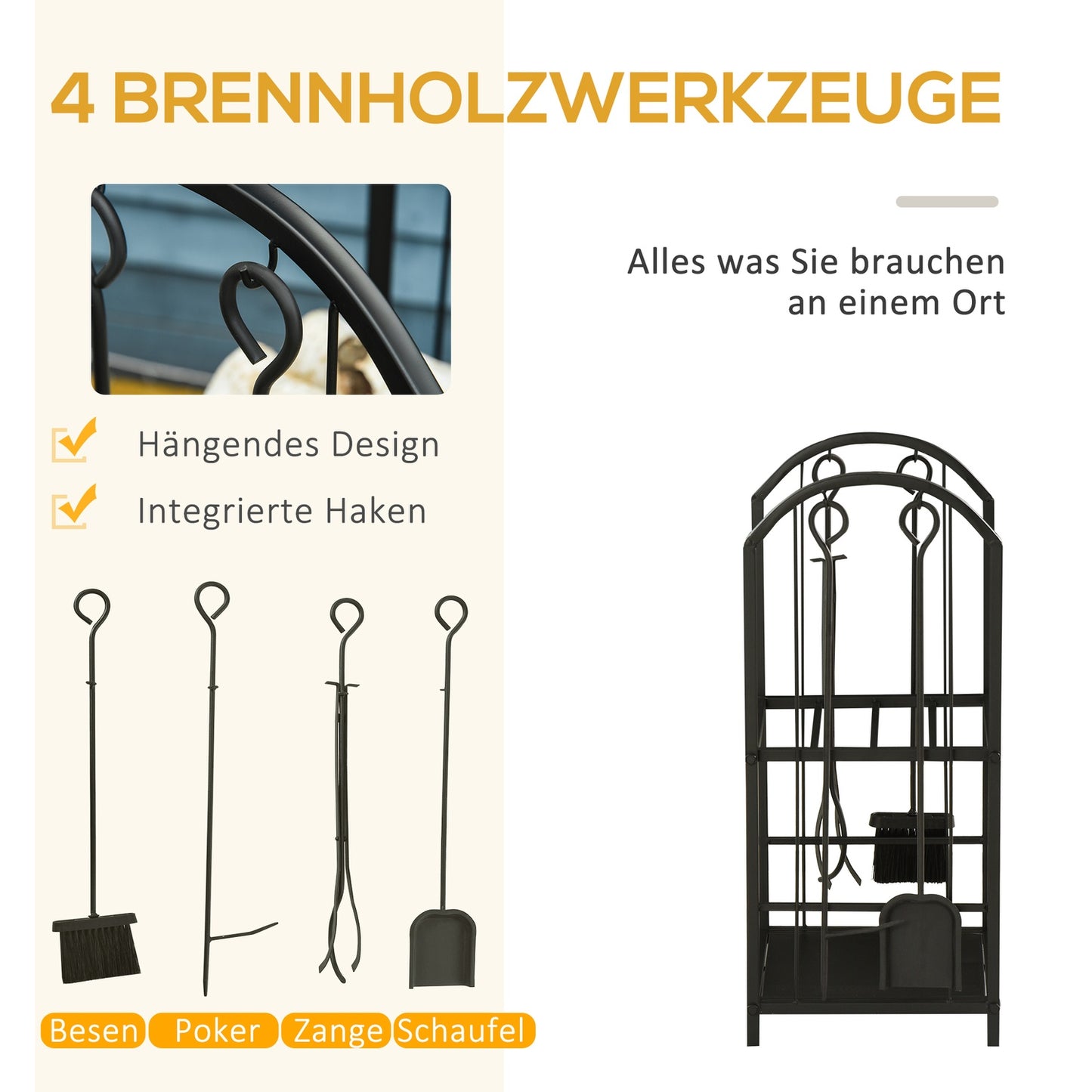 Two-tier firewood rack with tools - 41.5 x 32.5 x 74.5 cm