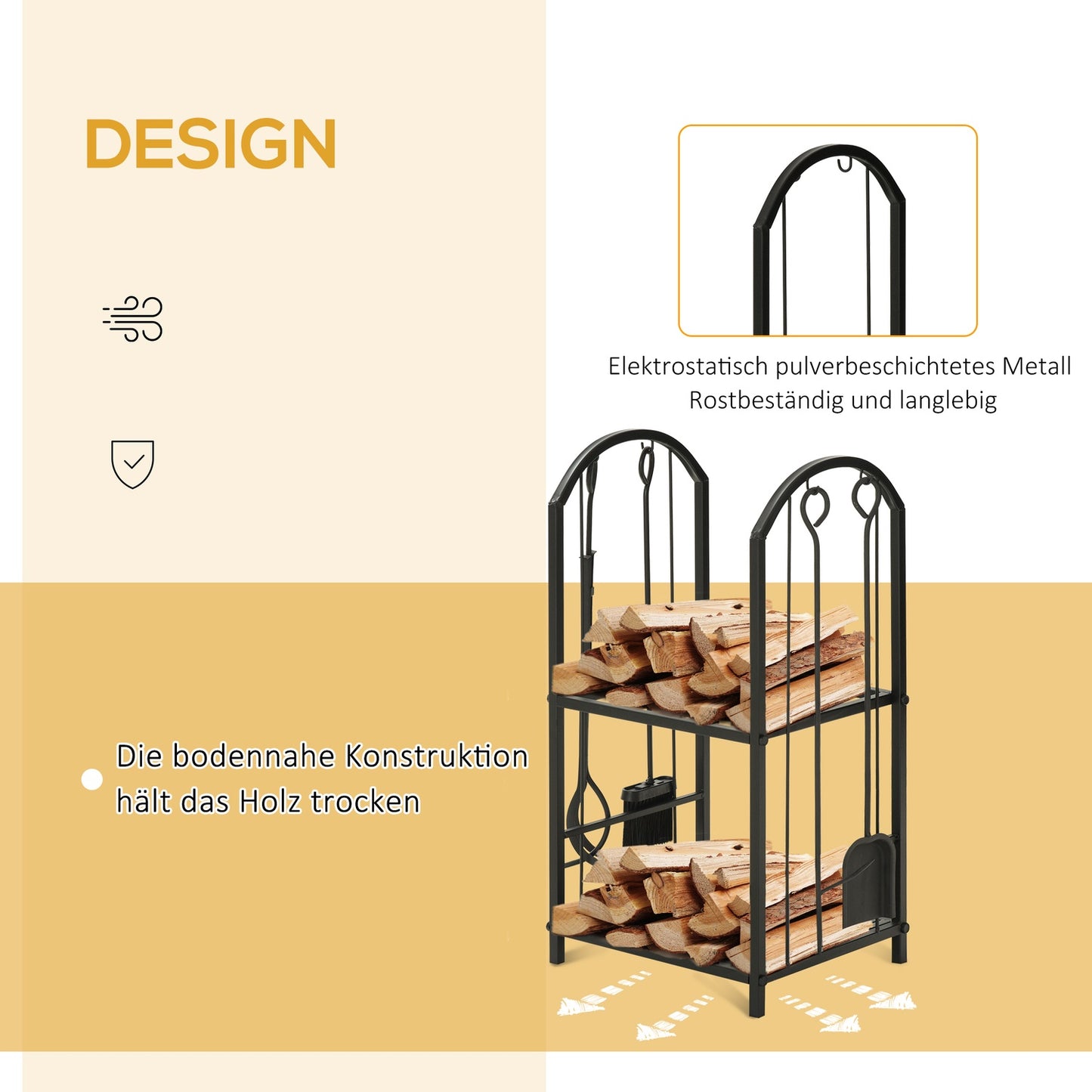 Two-tier firewood rack with tools - 41.5 x 32.5 x 74.5 cm