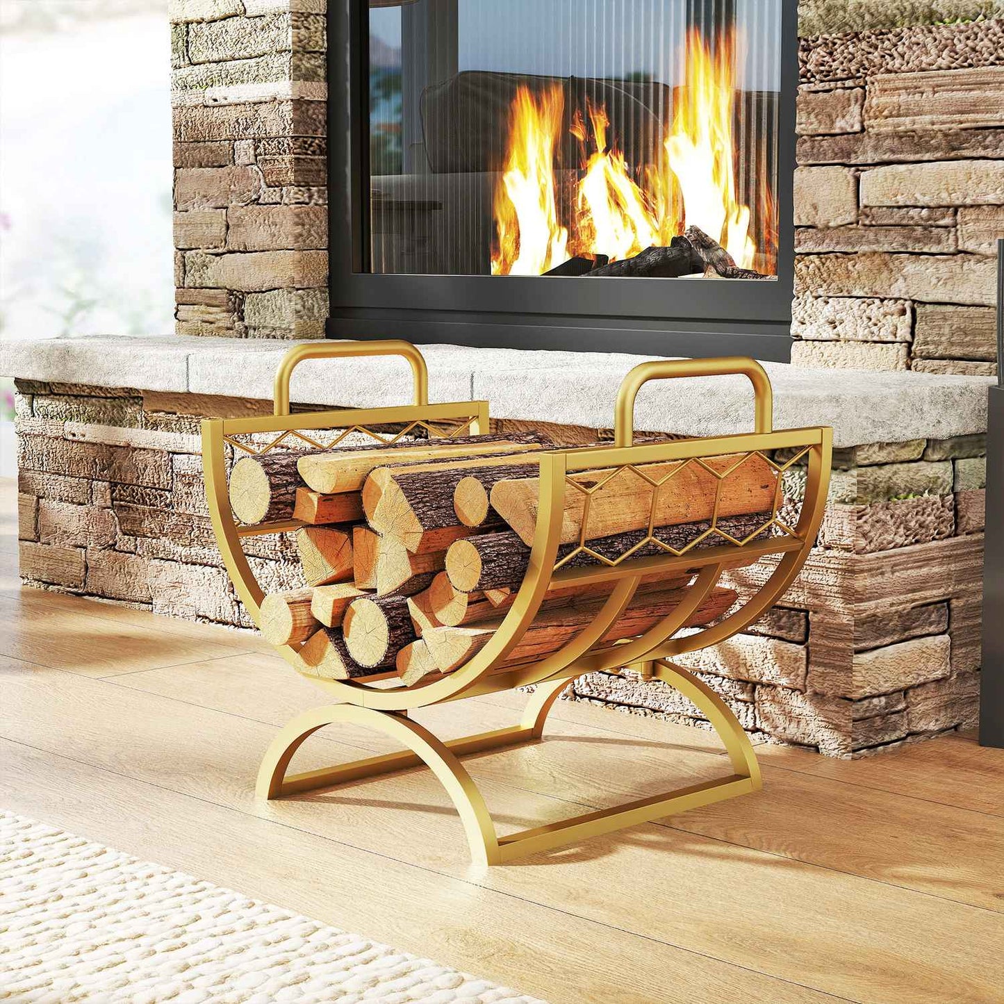 Firewood Rack, Indoor, Metal, Gold, 46x36x41cm