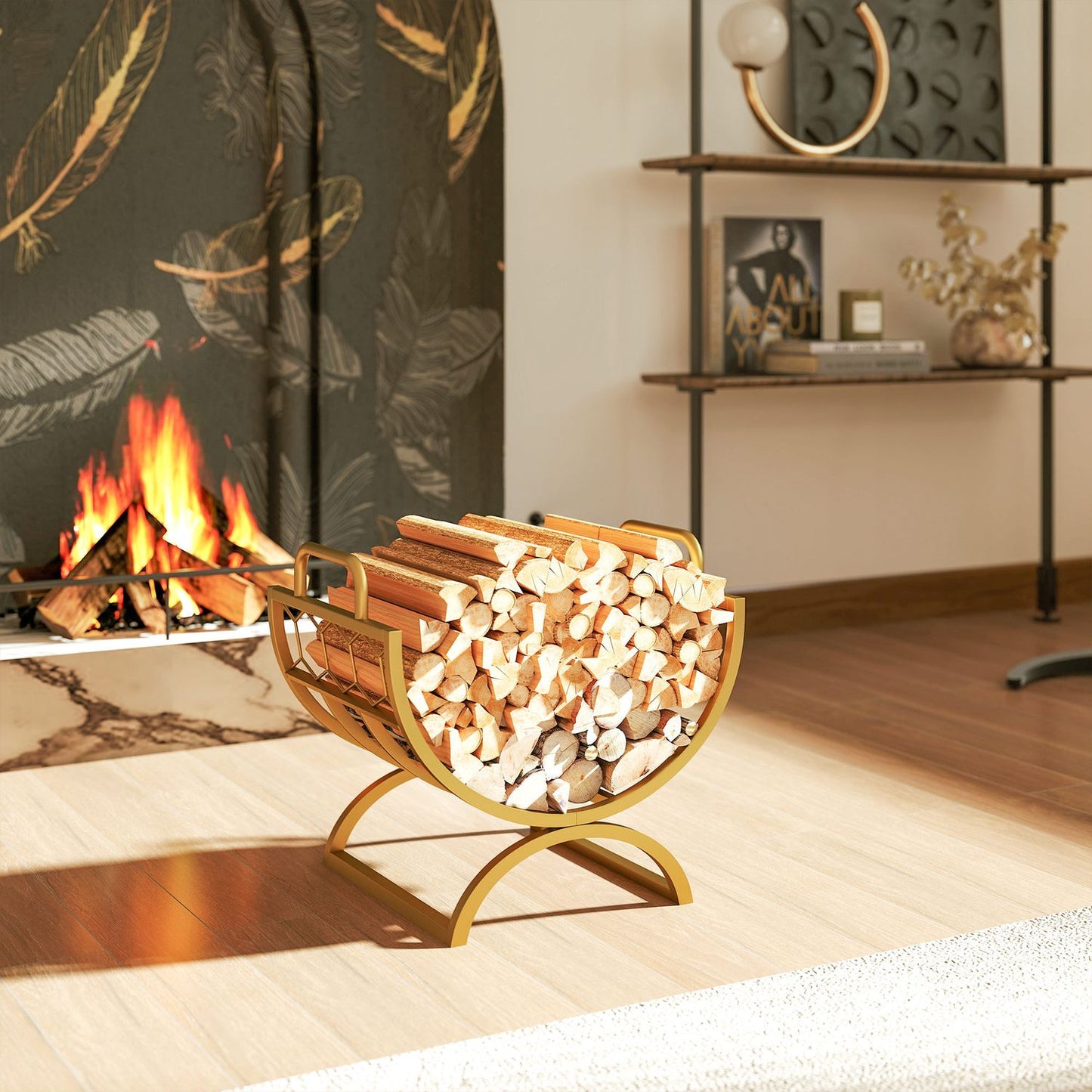 Firewood Rack, Indoor, Metal, Gold, 46x36x41cm