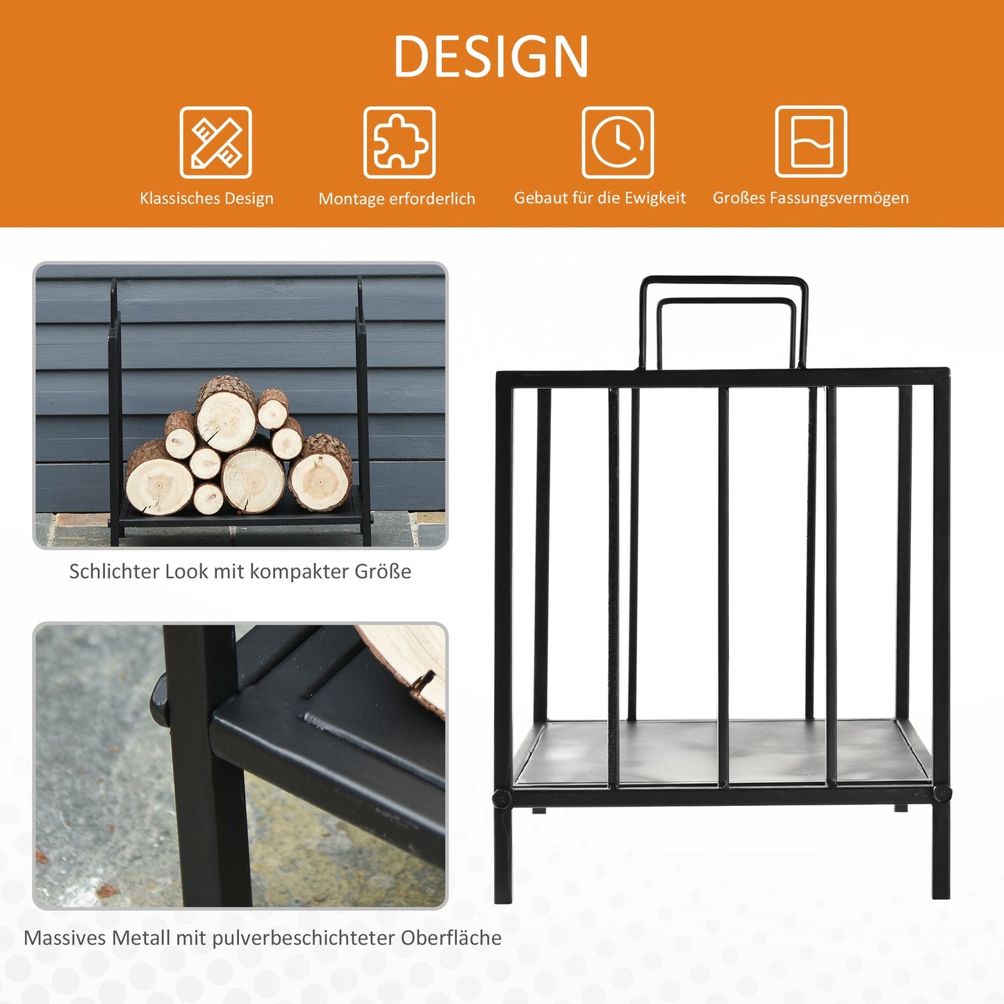 Firewood Rack, Indoor/Outdoor Metal, Black, 44.5x33x46.5 cm
