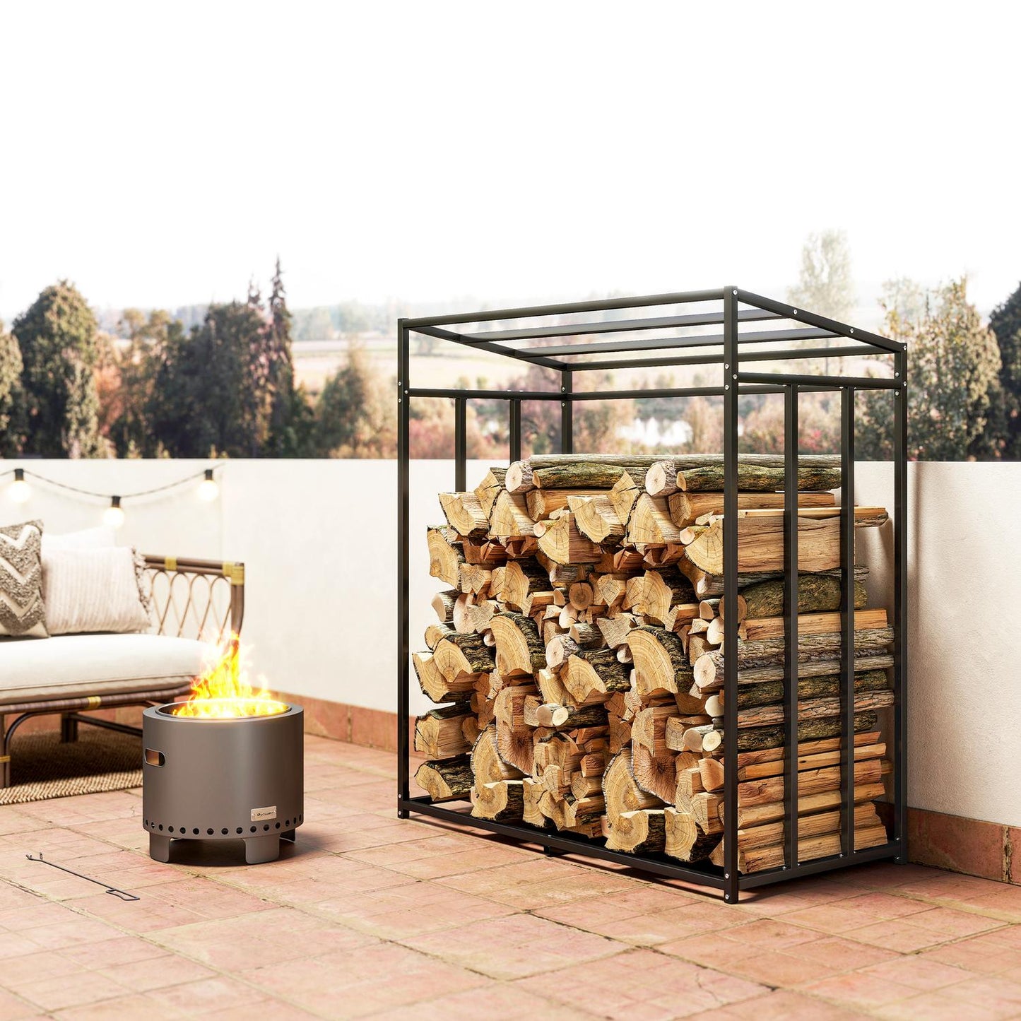 Firewood Rack, Steel, Cover, 300kg Capacity, 140x70x154 cm
