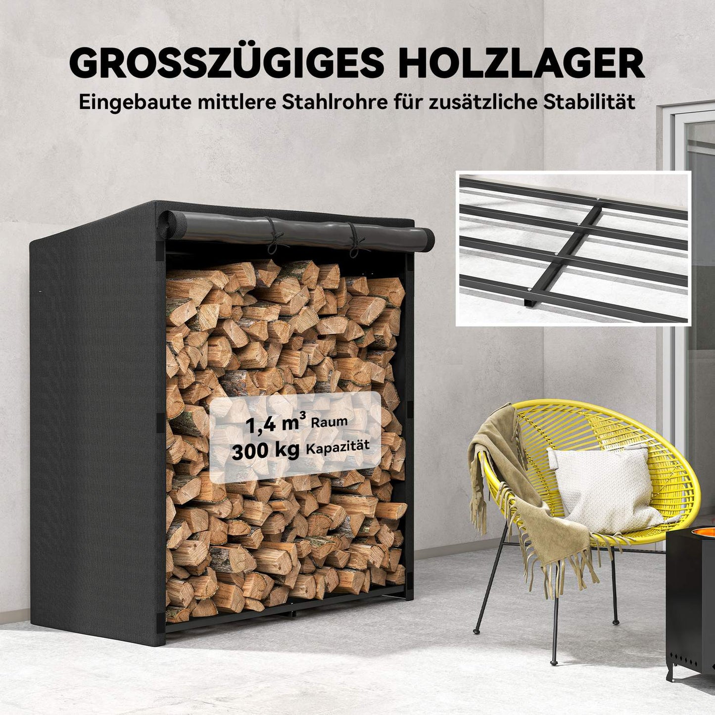 Firewood Rack, Steel, Cover, 300kg Capacity, 140x70x154 cm