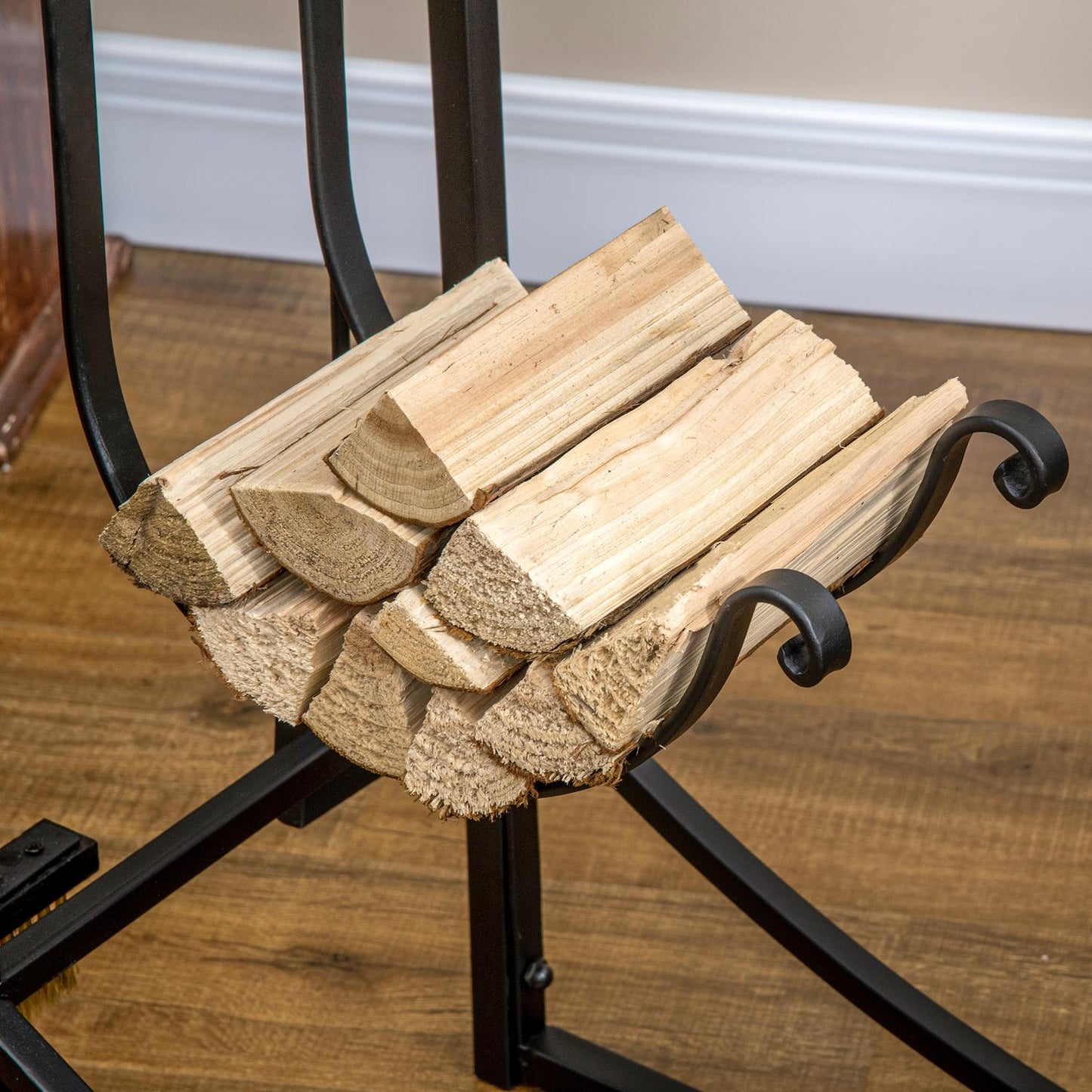 Wood rack, 2-layer metal with hooks, 84x33x76 cm