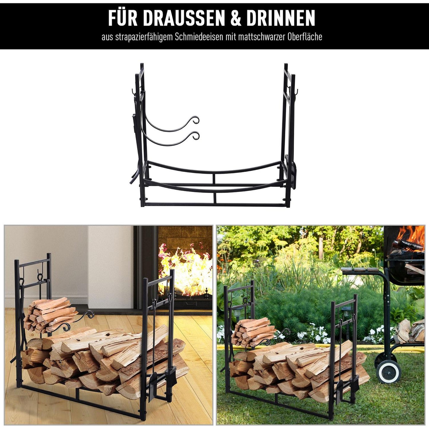 Wood rack, 2-layer metal with hooks, 84x33x76 cm