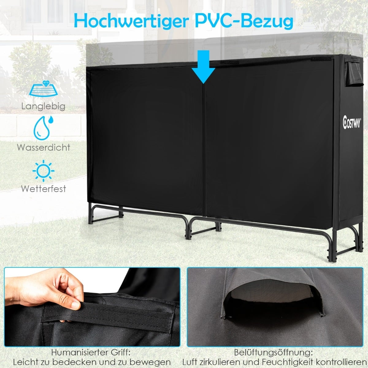 Firewood Rack with PVC Cover, 240 cm, Black Iron