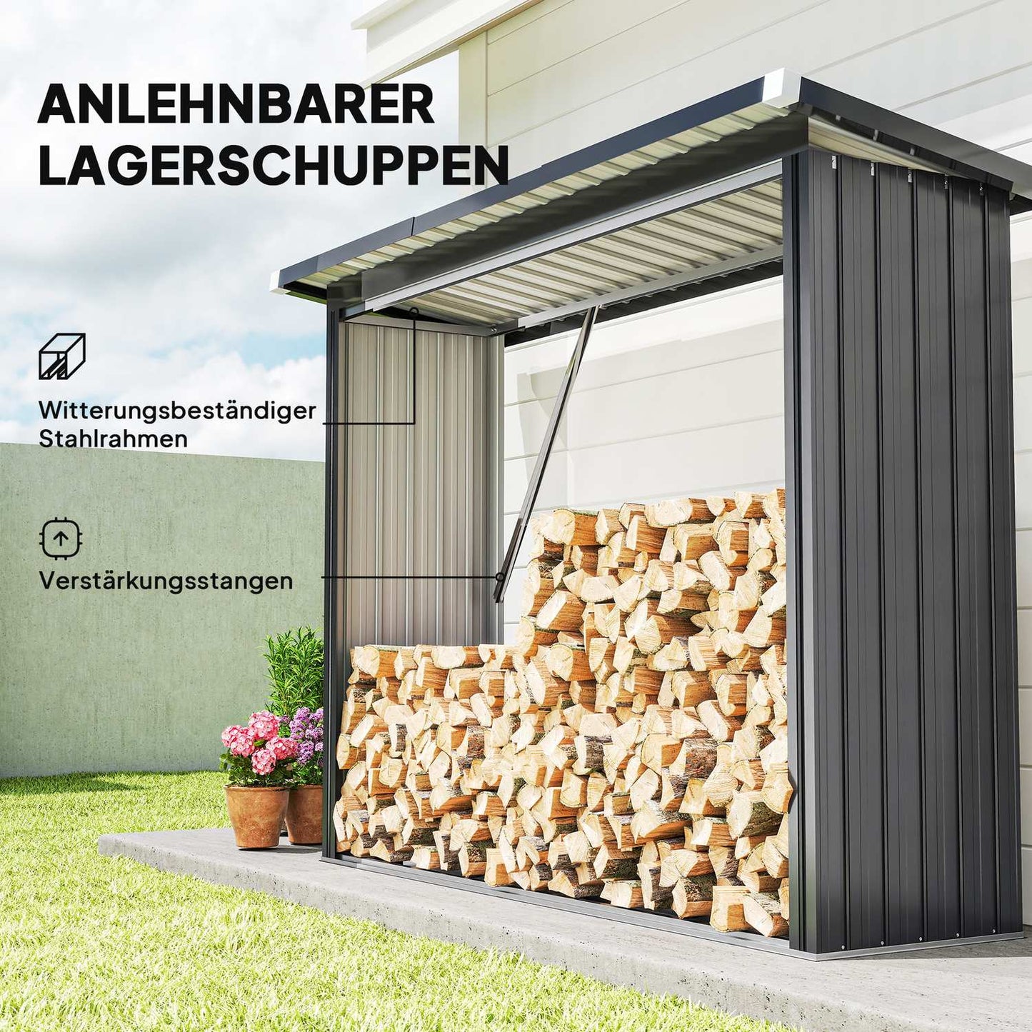 Firewood Shed, Steel, Elevated Floor, 213x66.5x150 cm
