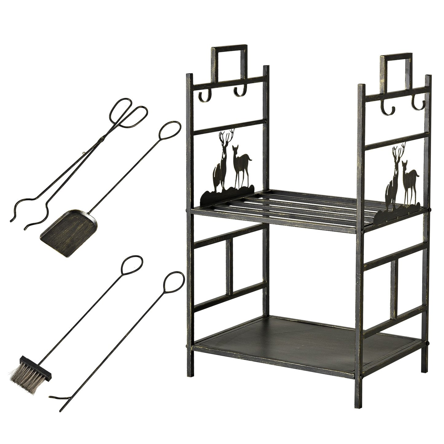 Wood stand with tools, iron, gold, 51.5 x 33 x 77 cm