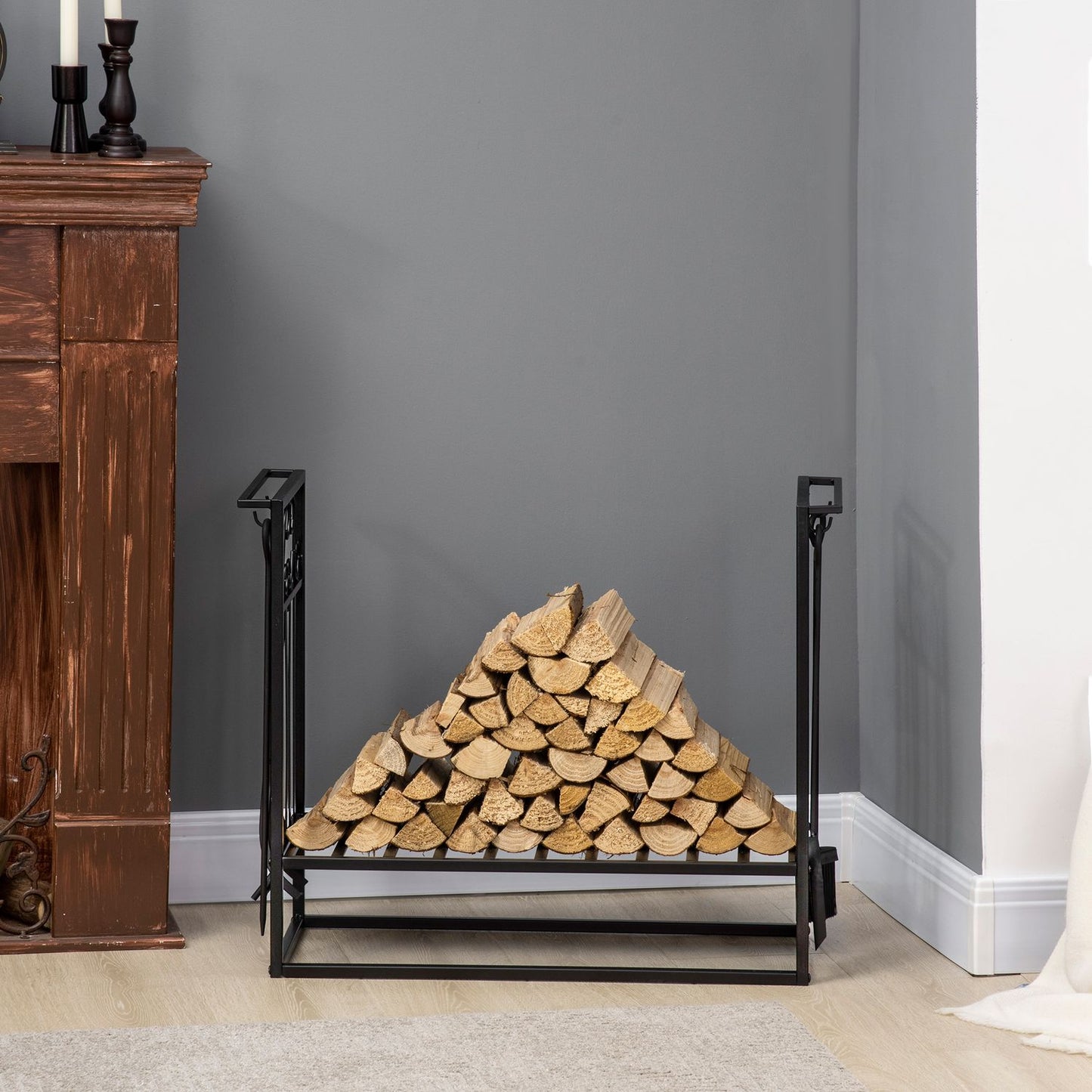 Wood rack in steel with stove tools, 75x30x60 cm