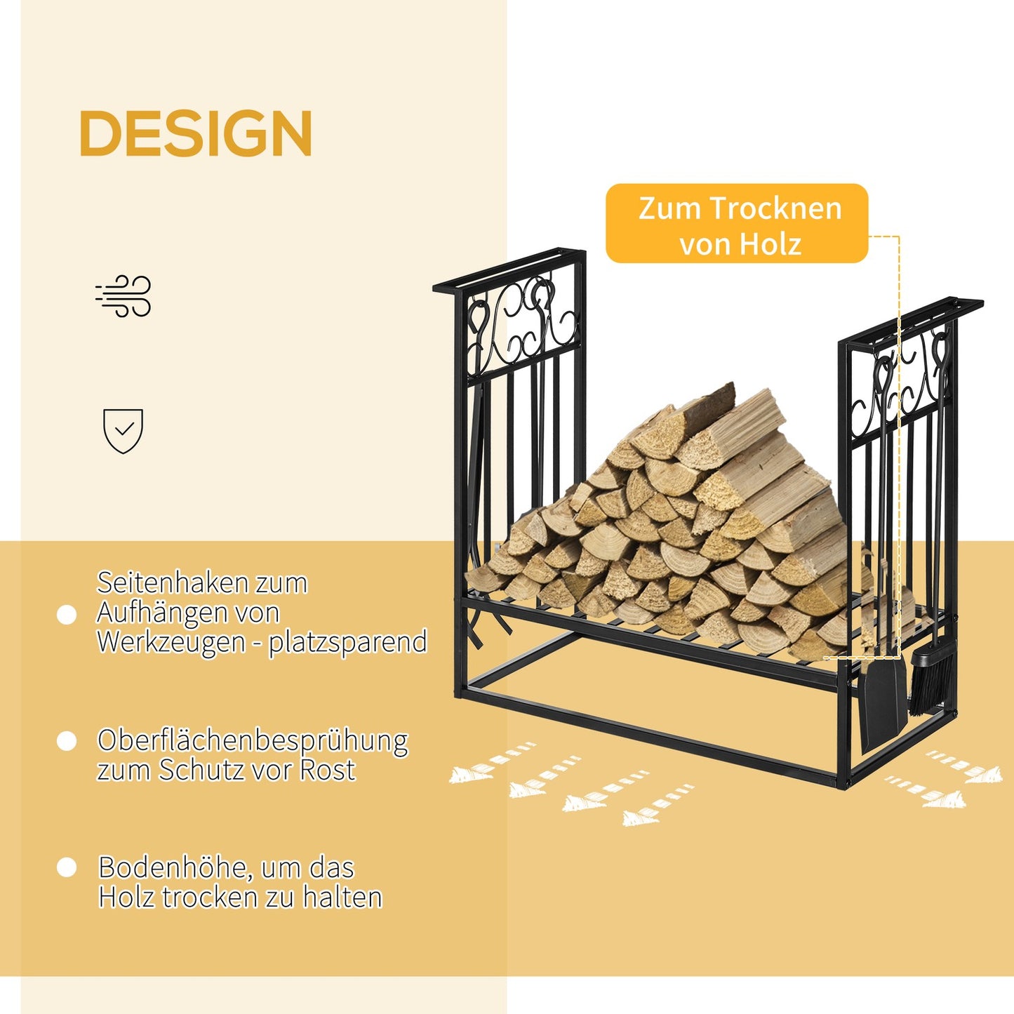 Wood rack in steel with stove tools, 75x30x60 cm