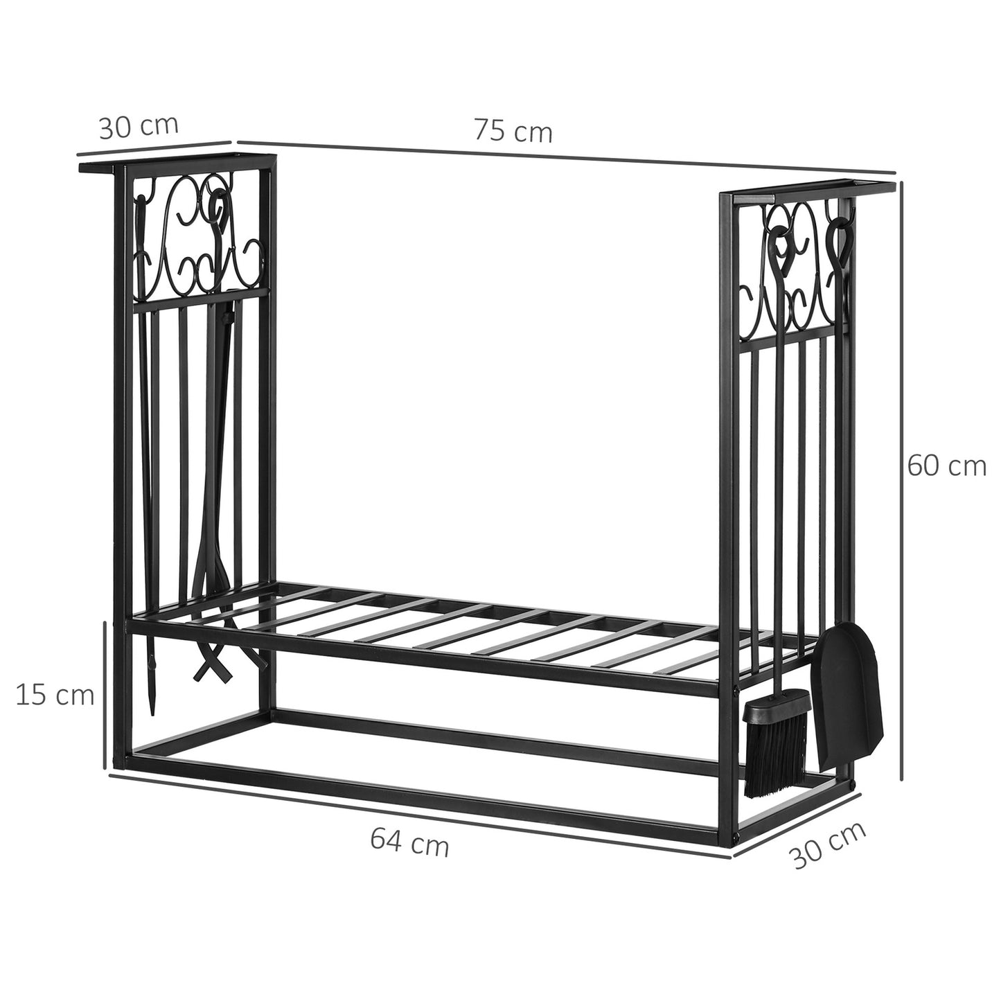 Wood rack in steel with stove tools, 75x30x60 cm