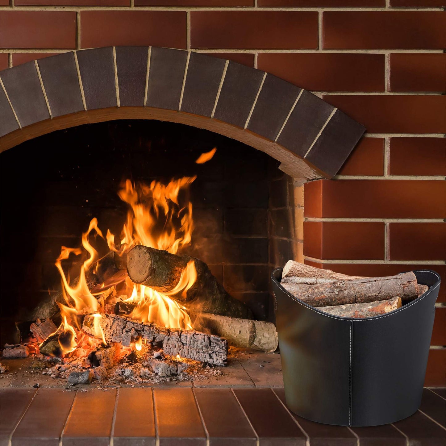 Firewood basket in black artificial leather