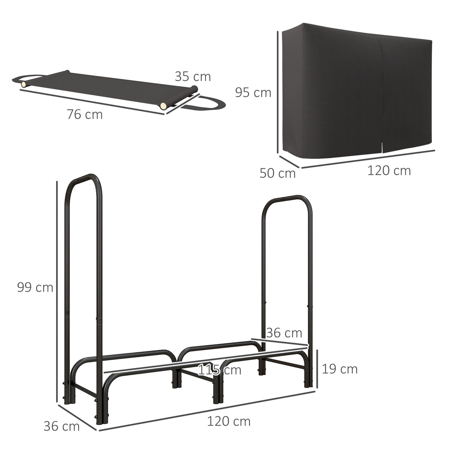 Firewood rack, 0.33 m³, with carrying bag & cover, metal frame, up to 150 kg, 120 x 36 x 99 cm, black