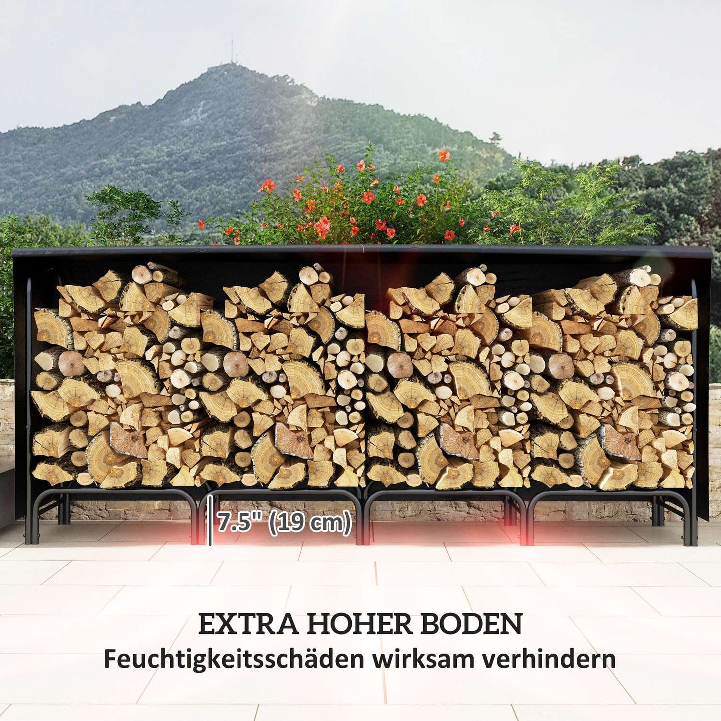 Firewood rack, 0.67 m³, with carrying bag & cover, metal frame, up to 200 kg, 240 x 36 x 99 cm, black
