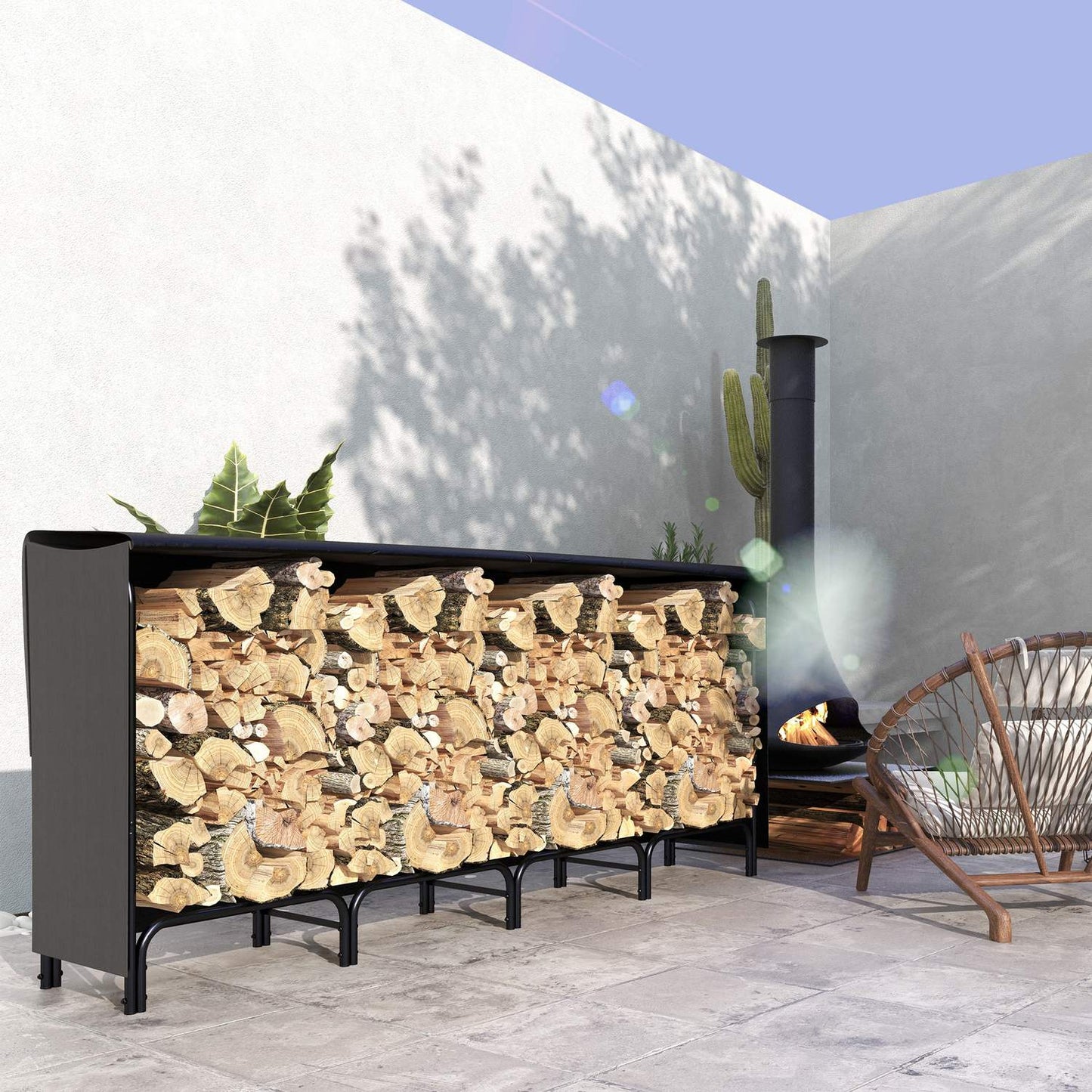 Firewood rack, 0.67 m³, with carrying bag & cover, metal frame, up to 200 kg, 240 x 36 x 99 cm, black