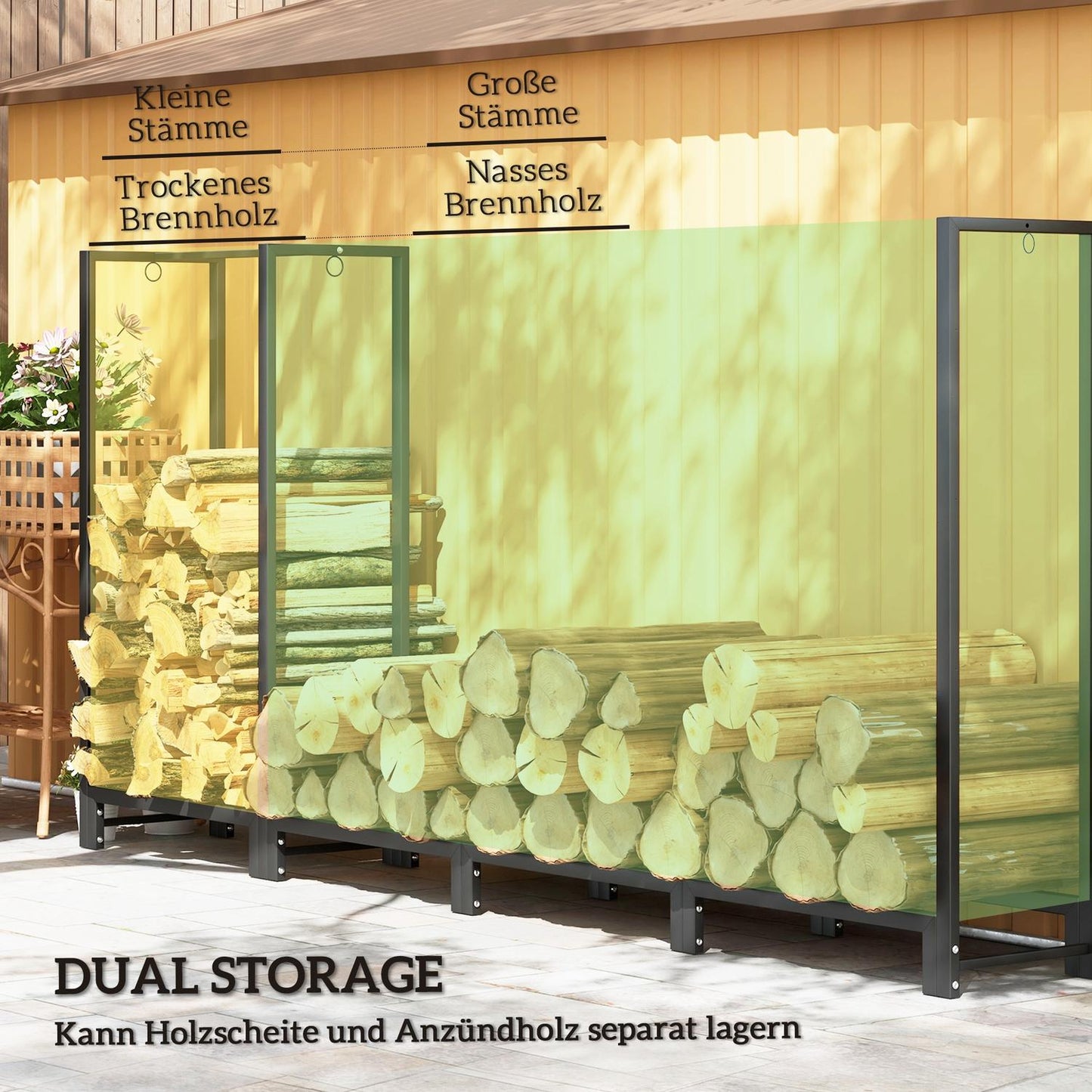 Steel wood rack - 2 sections, 3 hooks, 300 kg capacity