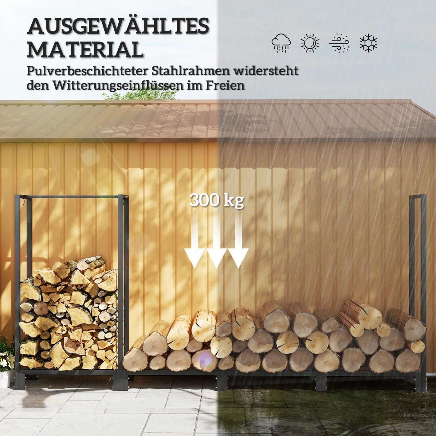 Steel wood rack - 2 sections, 3 hooks, 300 kg capacity