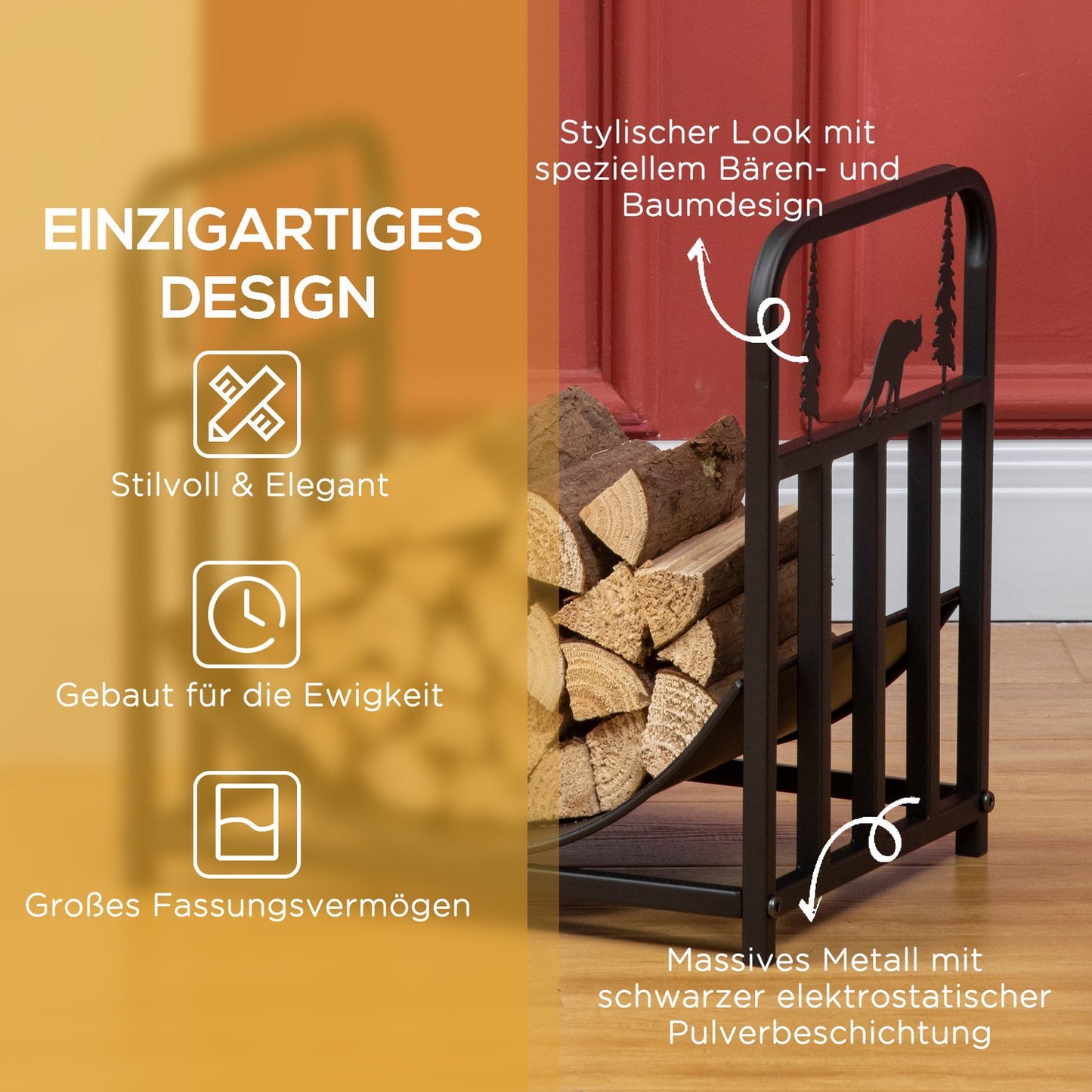 Metal firewood rack with handle, 50 kg capacity, black