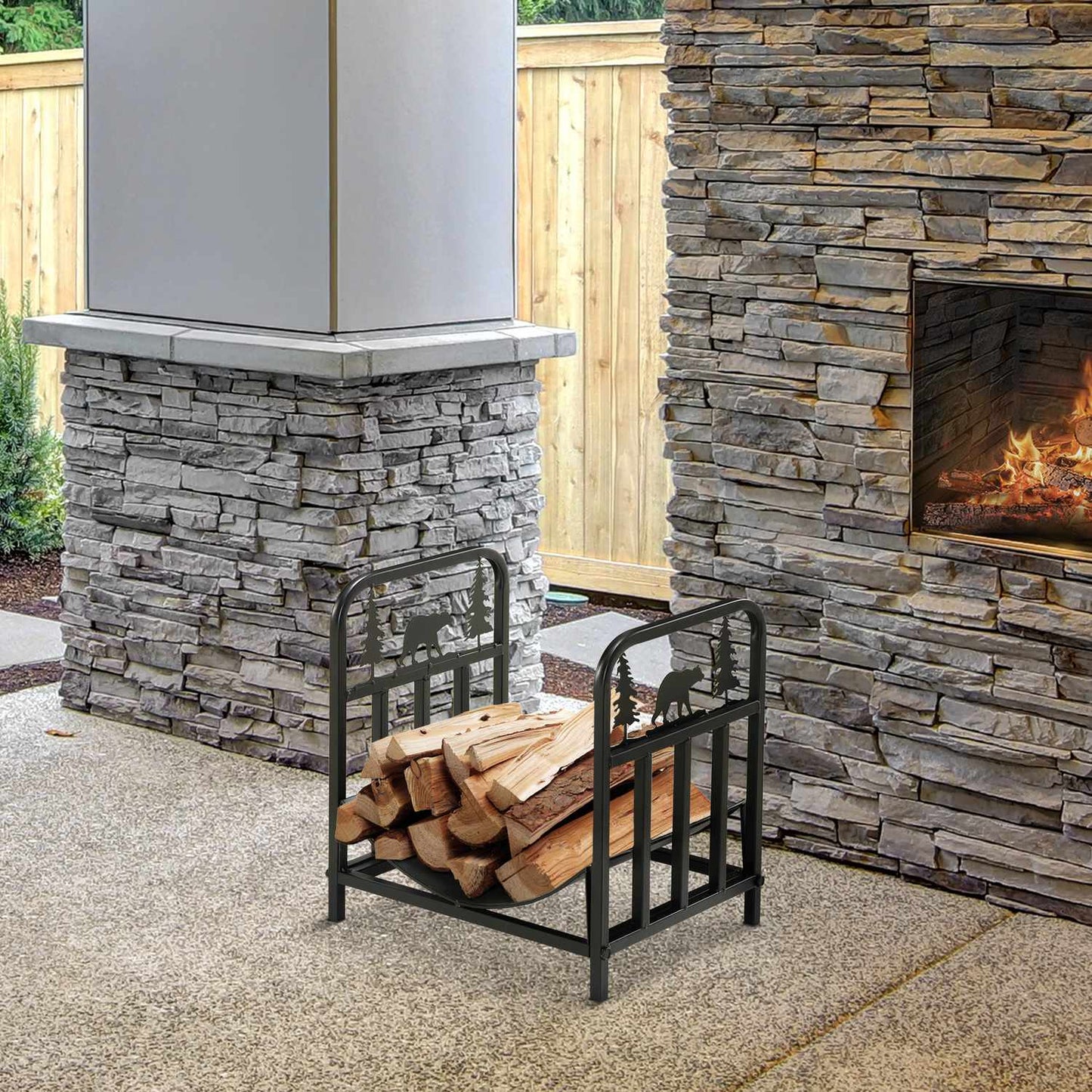 Metal firewood rack with handle, 50 kg capacity, black