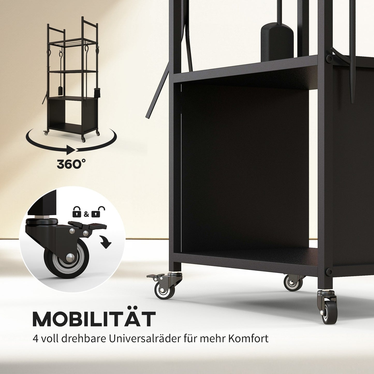 Wood rack in metal with wheels, 4 shelves, 60 kg