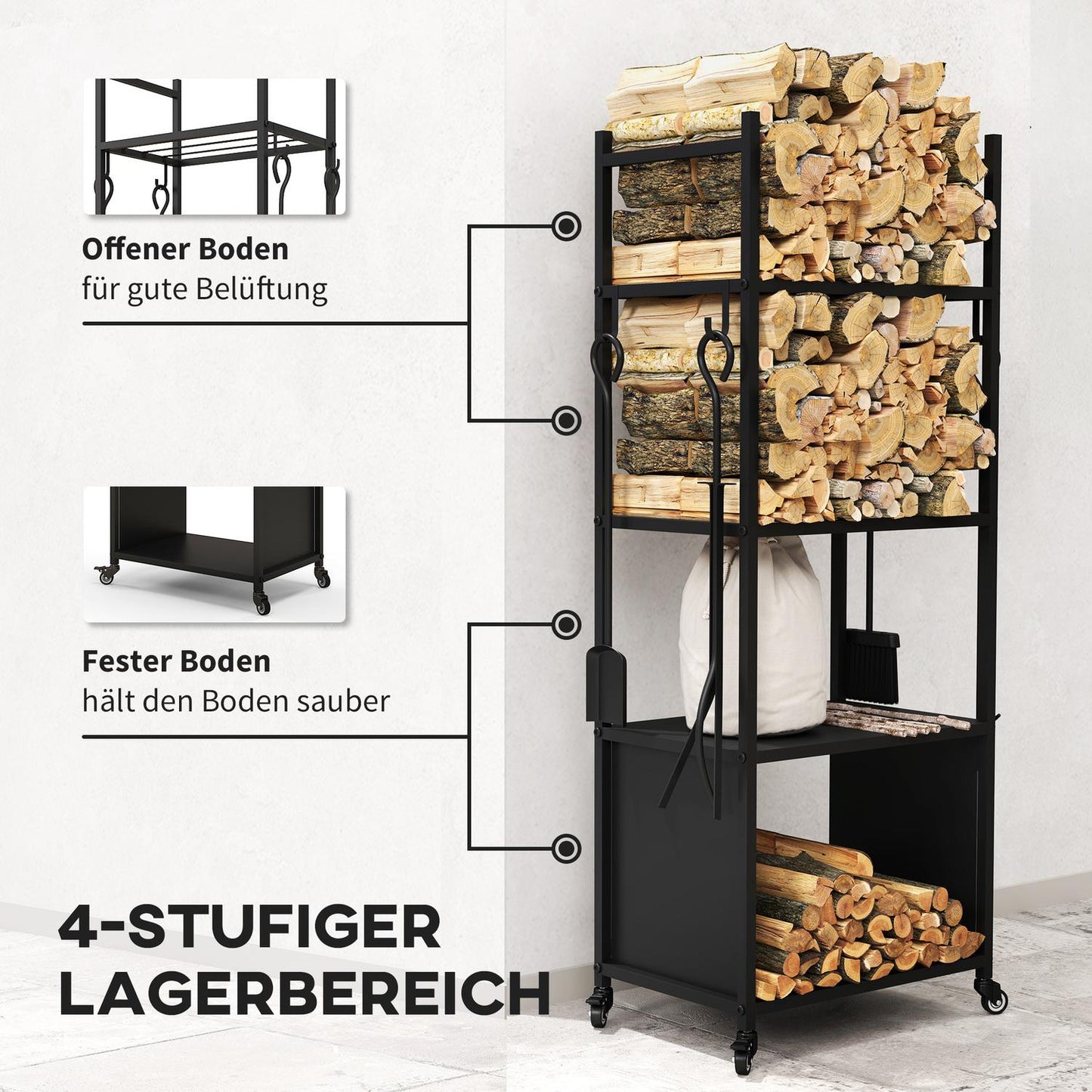 Wood rack in metal with wheels, 4 shelves, 60 kg