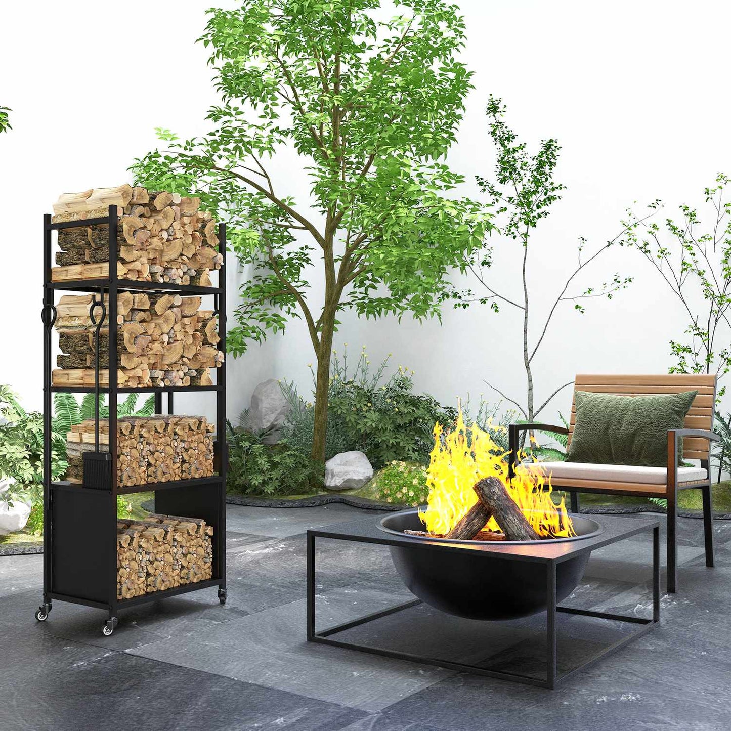 Wood rack in metal with wheels, 4 shelves, 60 kg