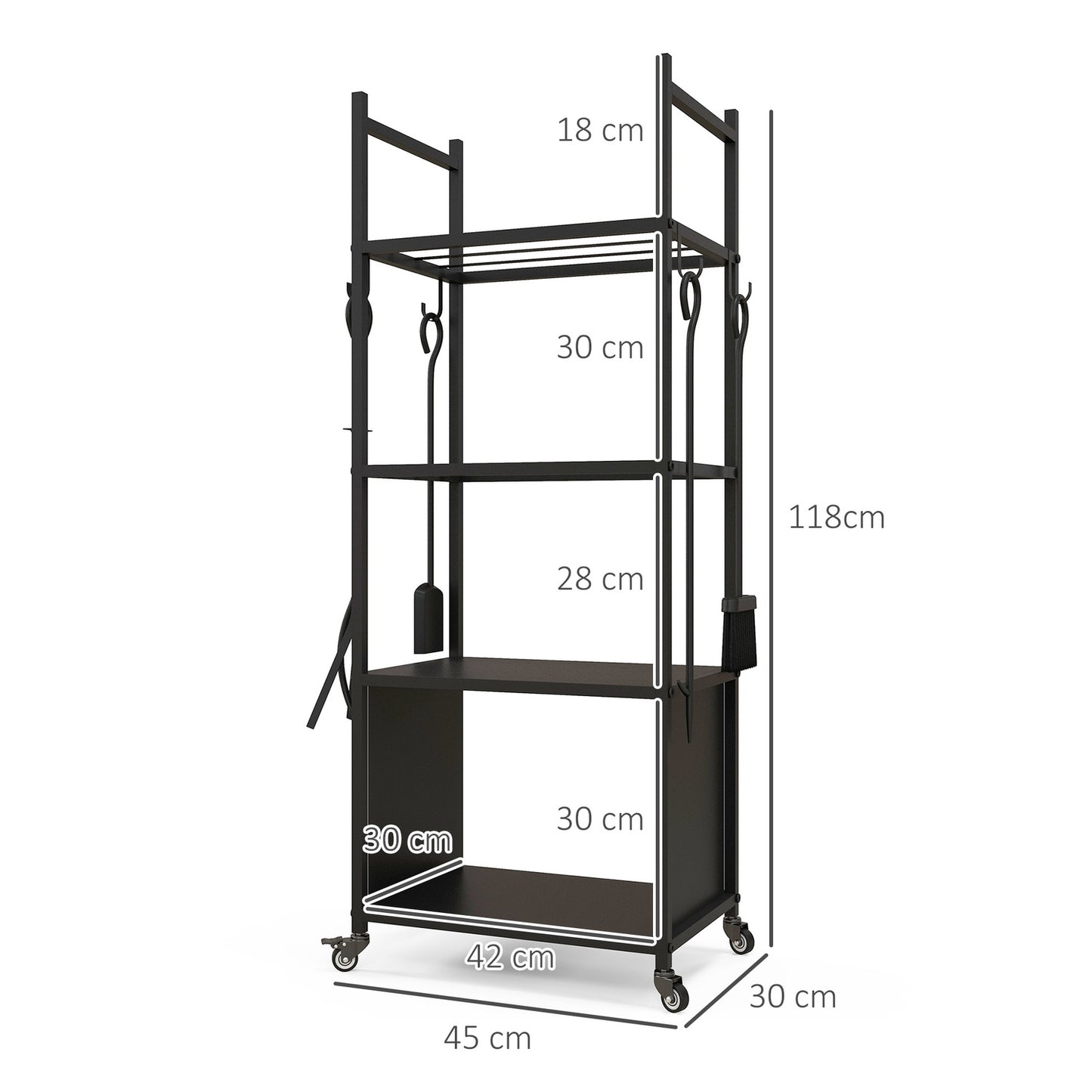 Wood rack in metal with wheels, 4 shelves, 60 kg
