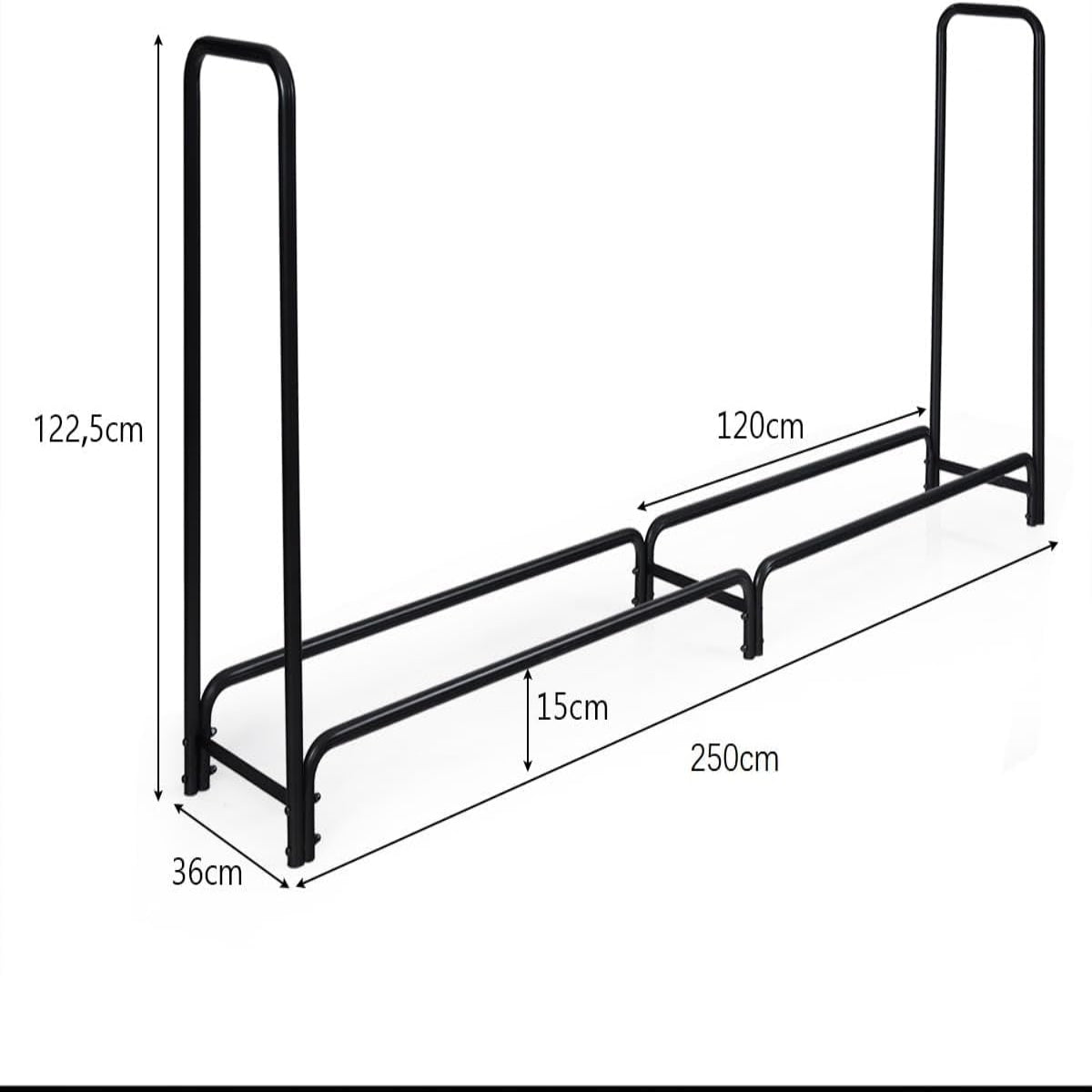 Firewood rack Metal firewood stand with handles & base 250 x 36 x 122.5 cm Black