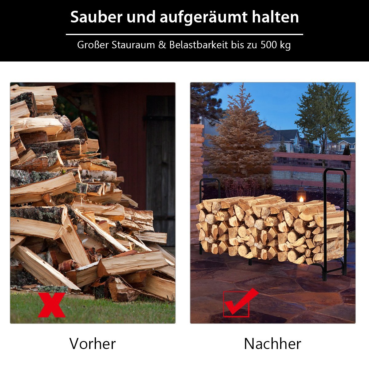 Firewood rack Metal firewood stand with handles & base 250 x 36 x 122.5 cm Black