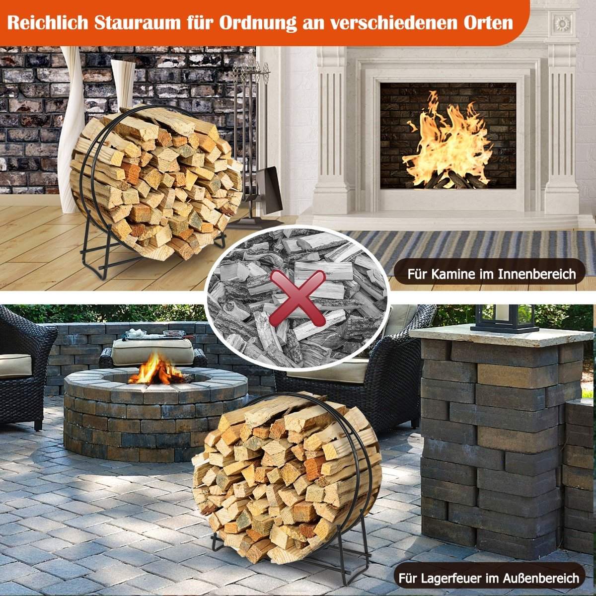 Firewood rack, pipe wood circle, firewood storage stand, easy to assemble, black