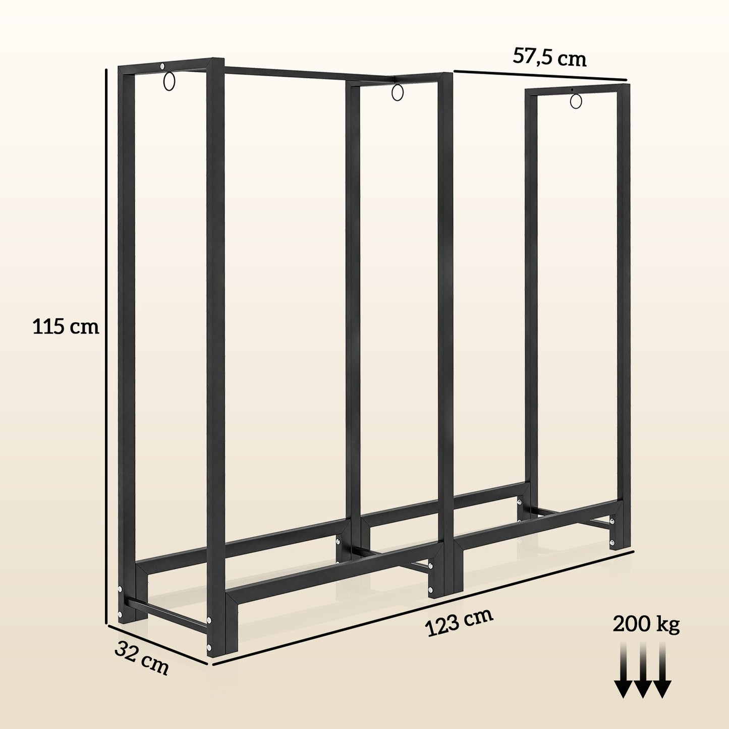 Firewood rack, two sections, stainless steel frame, up to 200 kg, 123 x 32 x 115 cm, black