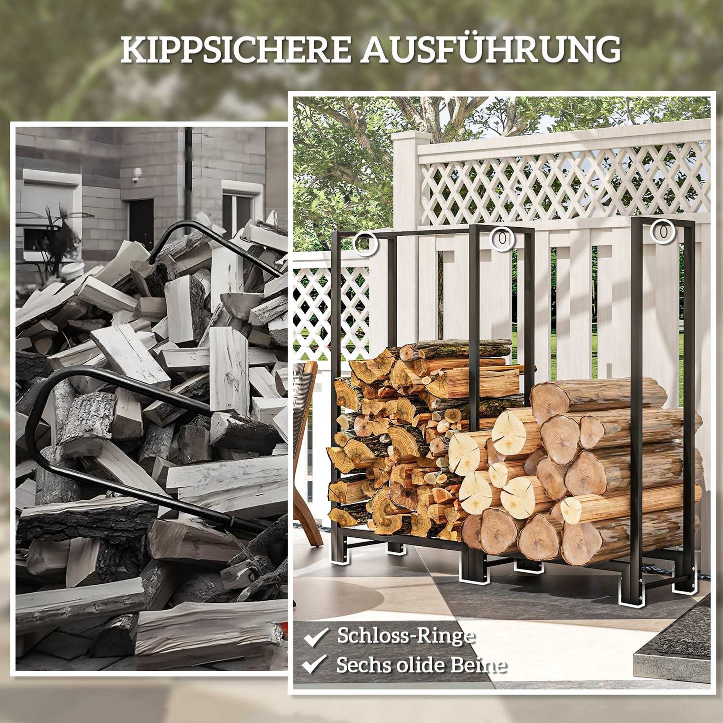 Firewood rack, two sections, stainless steel frame, up to 200 kg, 123 x 32 x 115 cm, black