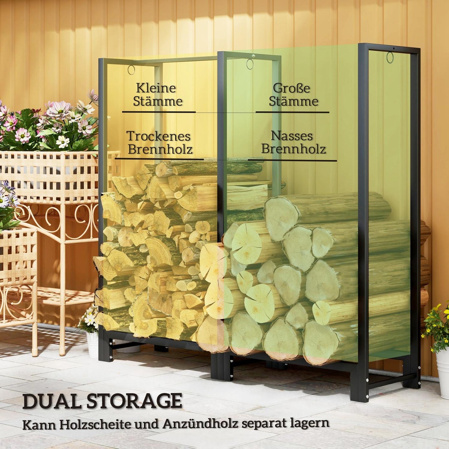 Firewood rack, two sections, stainless steel frame, up to 200 kg, 123 x 32 x 115 cm, black