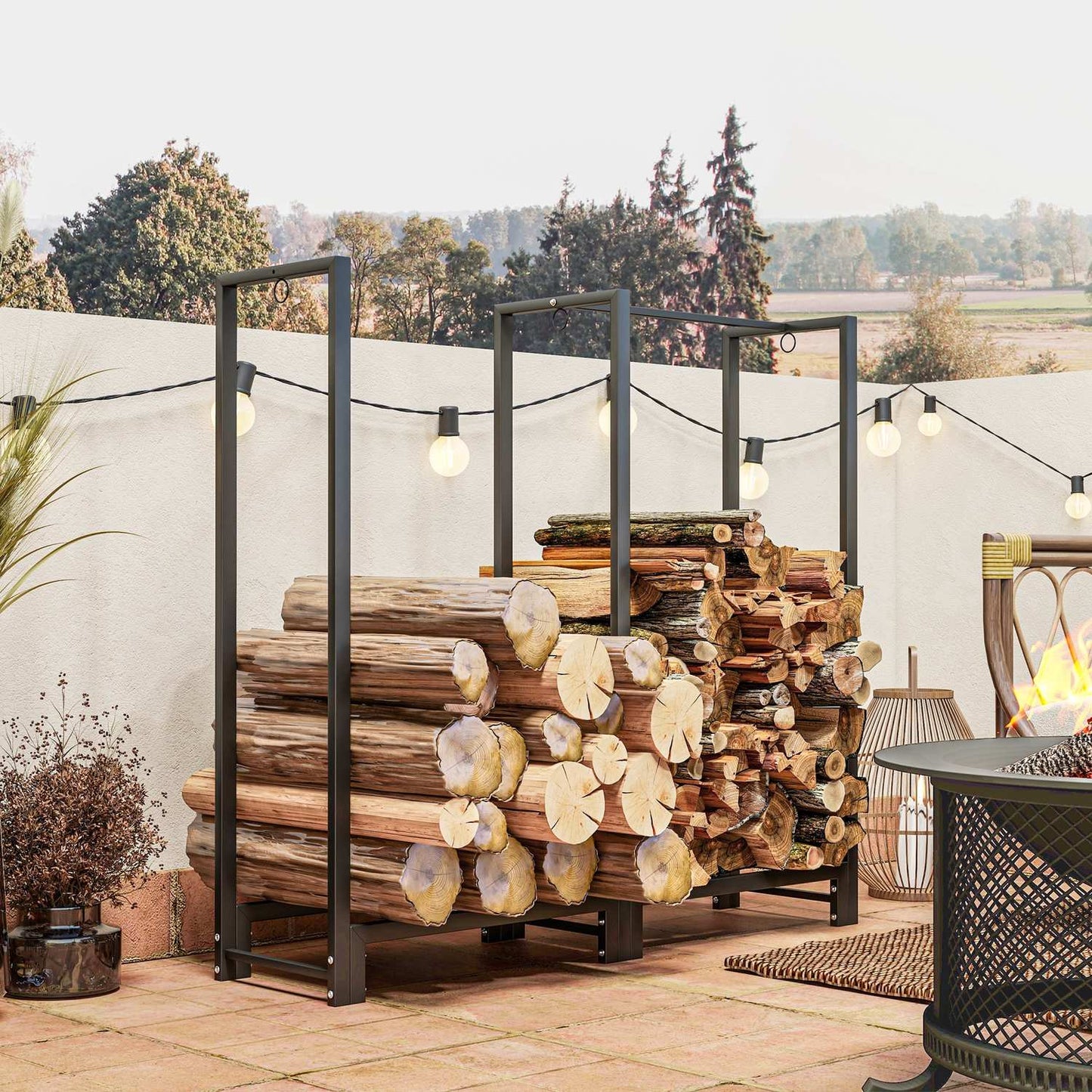 Firewood rack, two sections, stainless steel frame, up to 200 kg, 123 x 32 x 115 cm, black