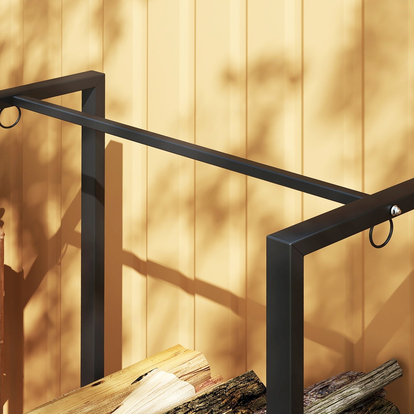 Firewood rack, two sections, stainless steel frame, up to 200 kg, 123 x 32 x 115 cm, black