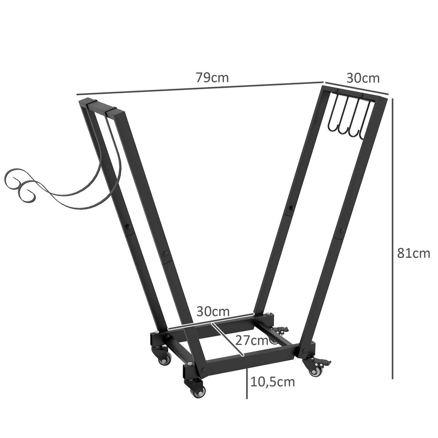 Wood stand with wheels, black metal, 79x30x81 cm