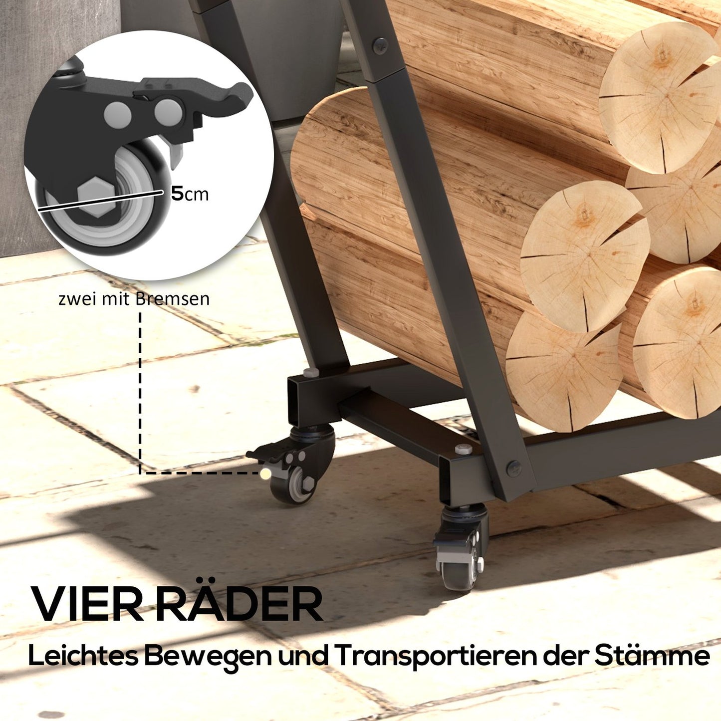Wood stand with wheels, black metal, 79x30x81 cm