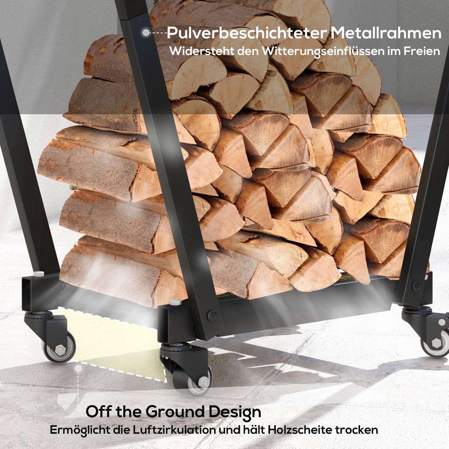 Wood stand with wheels, black metal, 79x30x81 cm