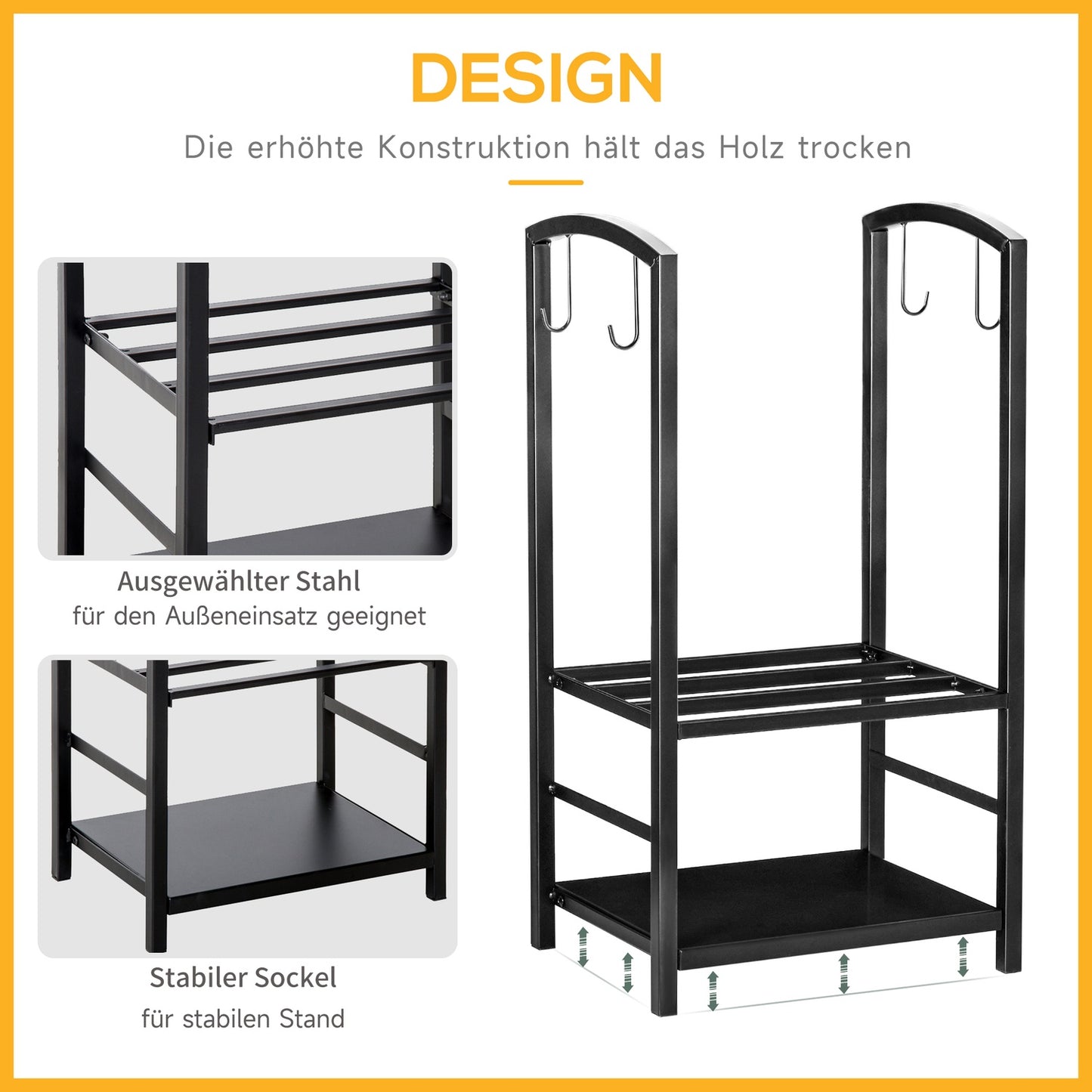 Wood rack with tray, 2-layer stove tool, black