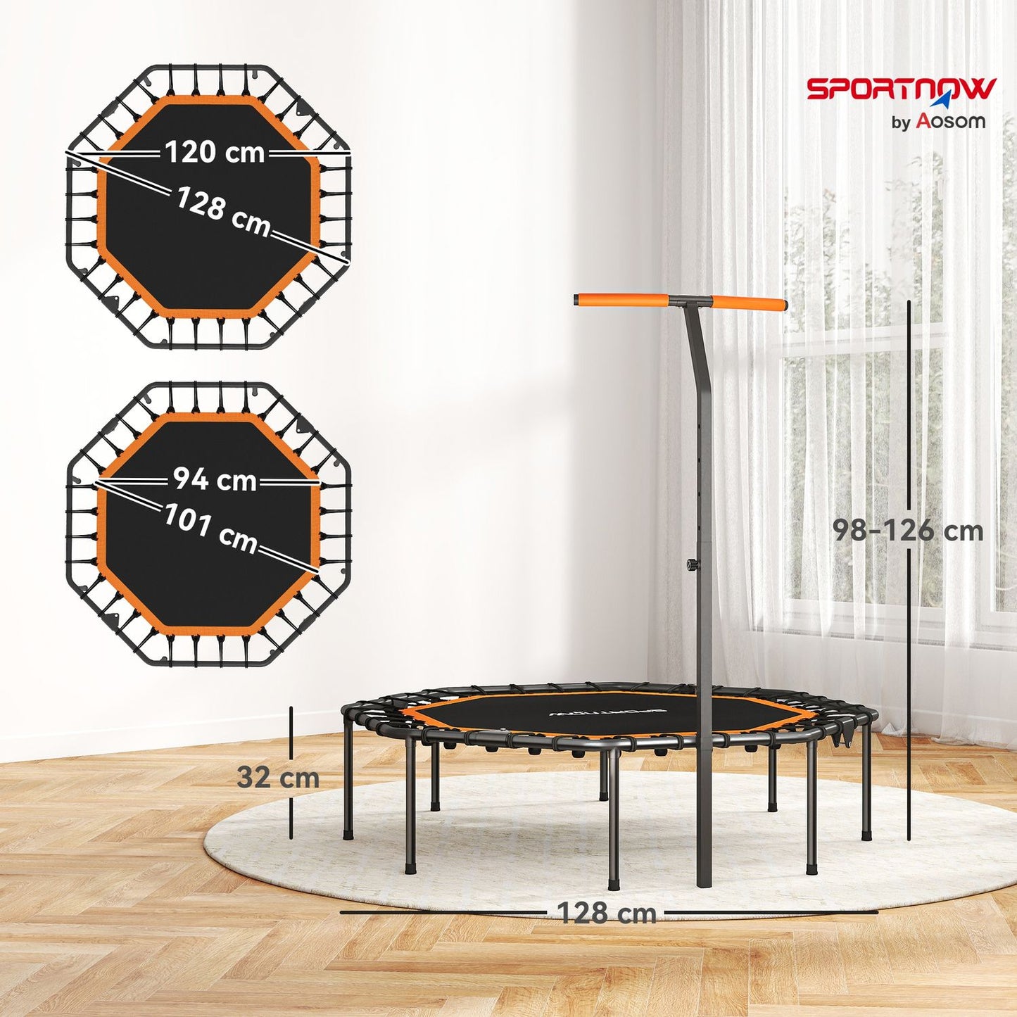 Fitness Trampoline, Adjustable Handle, Indoor, Steel, Orange