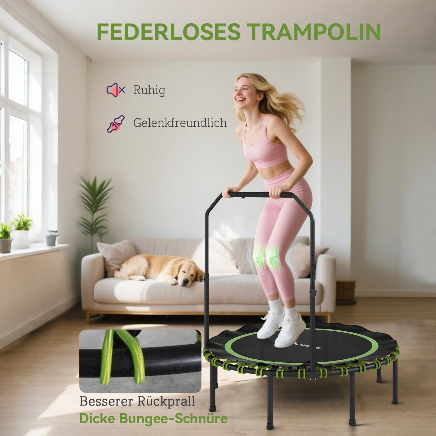 Fitness Trampoline with Adjustable Handle, Indoor/Outdoor, Green