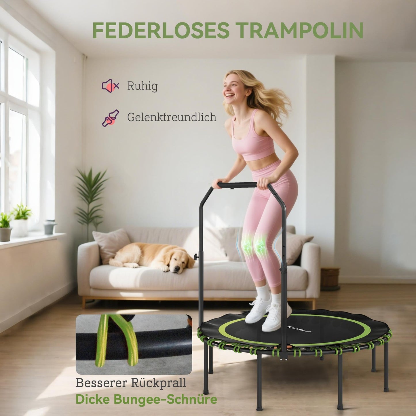 Fitness Trampoline with Adjustable Handle, Indoor/Outdoor, Green