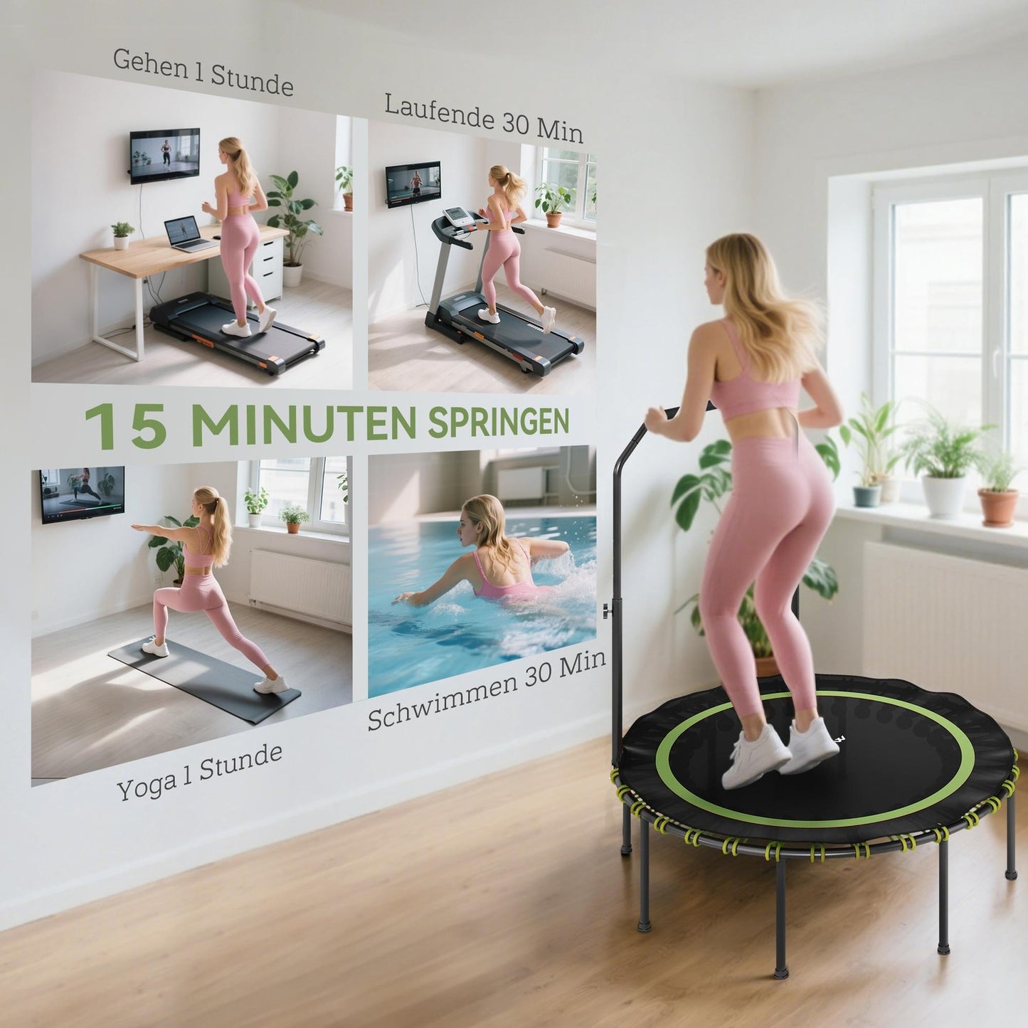 Fitness Trampoline with Adjustable Handle, Indoor/Outdoor, Green