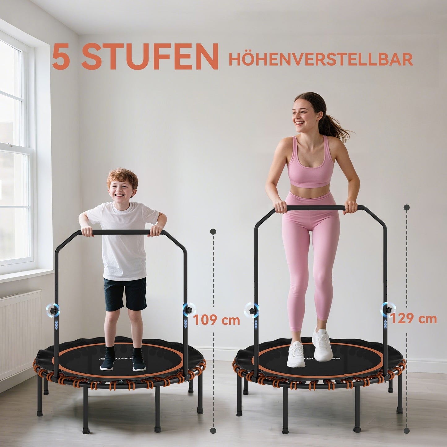 Fitness Trampoline with Adjustable Handle, Indoor/Outdoor, Orange