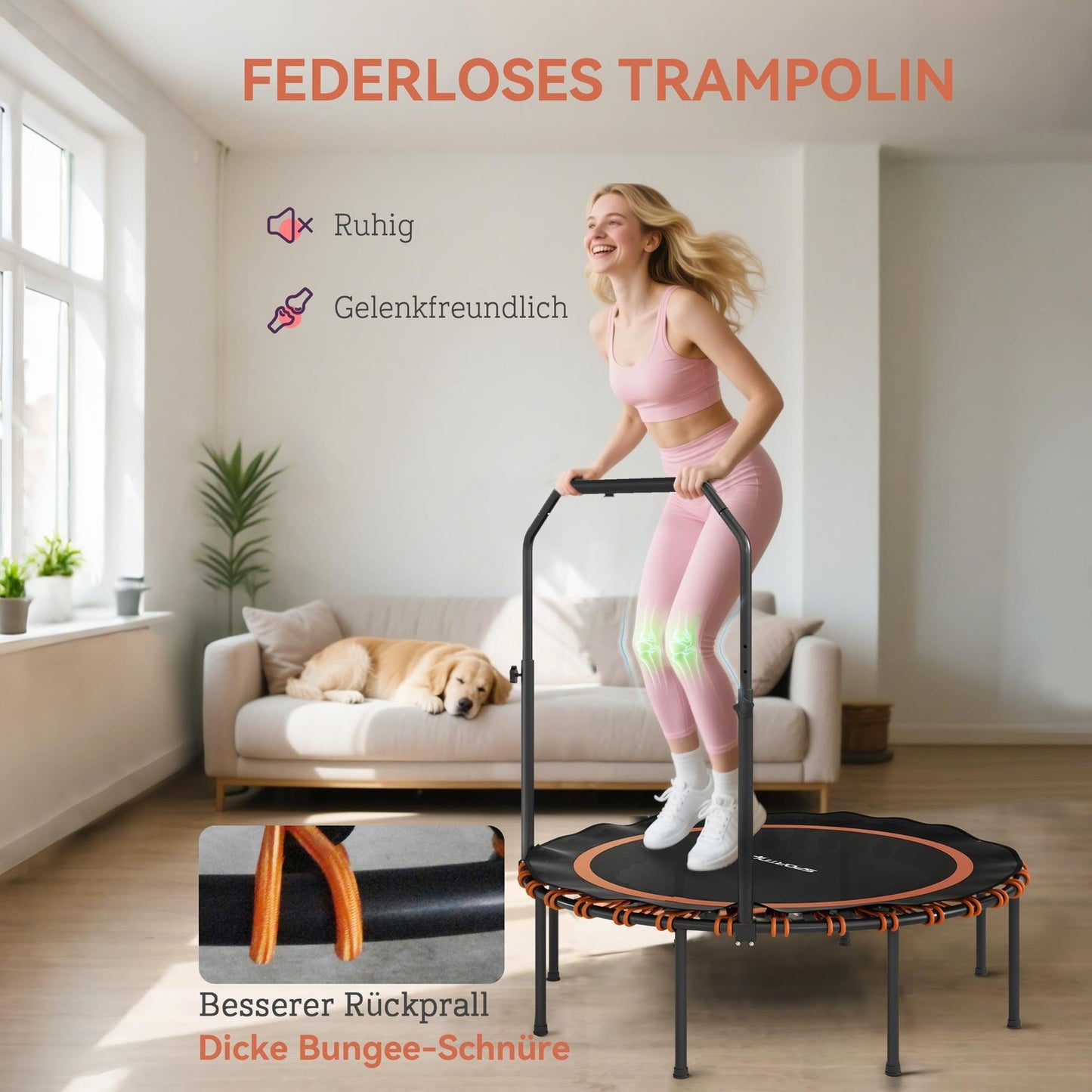 Fitness Trampoline with Adjustable Handle, Indoor/Outdoor, Orange