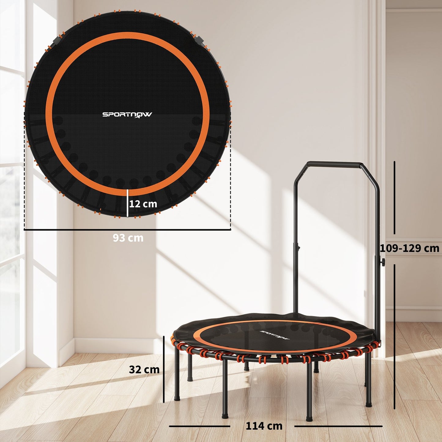Fitness Trampoline with Adjustable Handle, Indoor/Outdoor, Orange