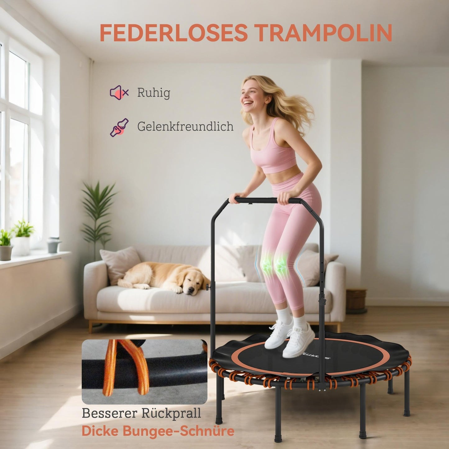 Fitness Trampoline with Adjustable Handle, Indoor/Outdoor, Steel/Plastic, Orange